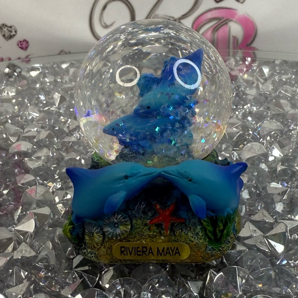 Riviera Maya Dolphin Snow Globe - Blue Glitter Ocean Globe Mexico sparkly